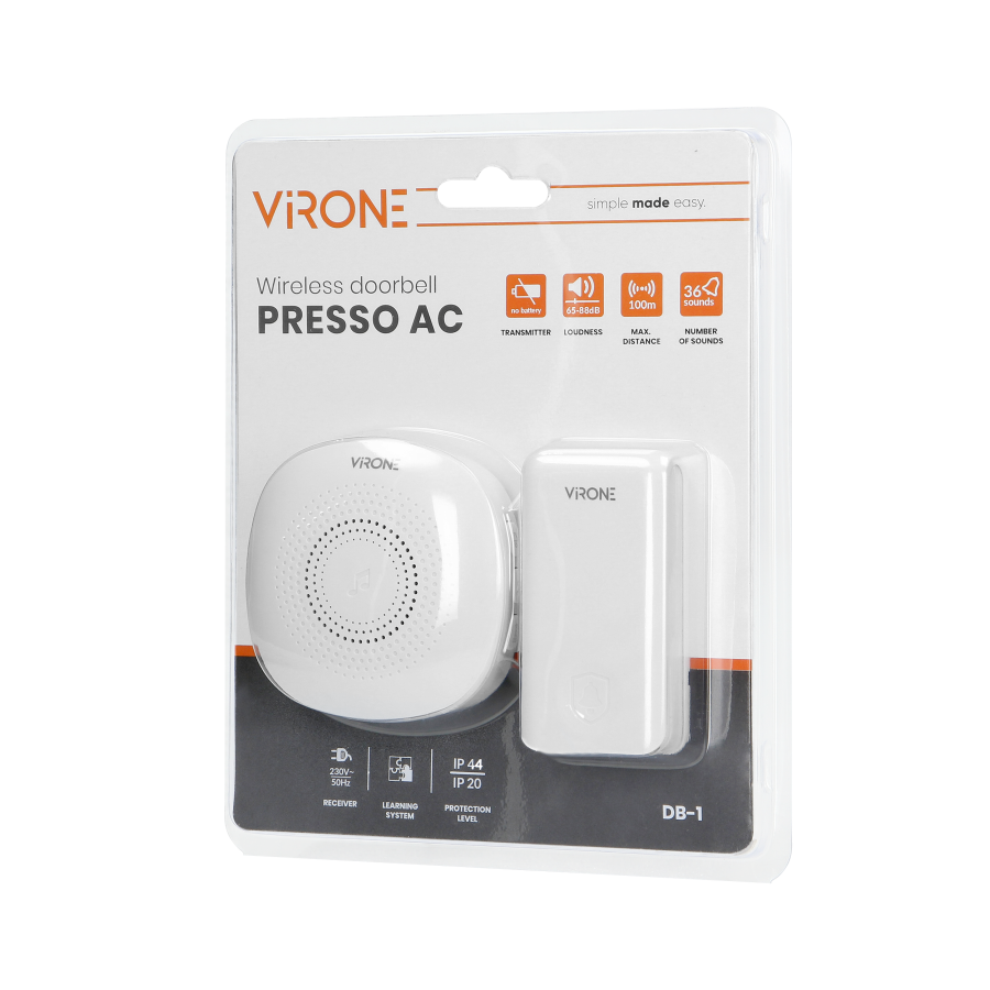 PRESSO AC wireless doorbell with learning system and kinetic push-button, 36 ringtones, communication range of 100m in an open a